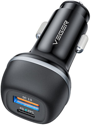 Veger Car Charger Black CC62-1A1C Total Intensity 3A Fast Charging with Ports: 1xUSB 1xType-C