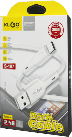 KLGO S187 USB 2.0 Кабел USB-C Мъжки - USB-A Бял 3м