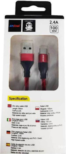 Andowl QY-W083 Braided USB 2.0 Cable USB-C Male - USB-A Red 1m
