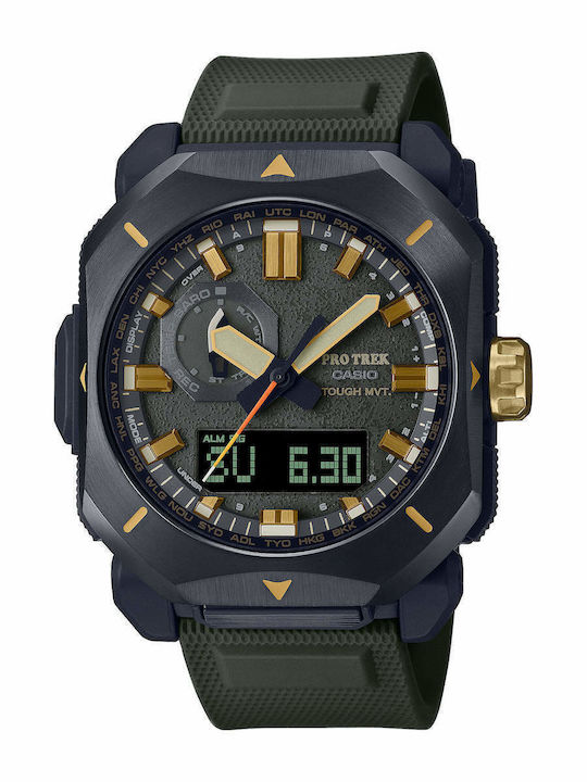 Casio Pro Trek Αναλογικό/Ψηφιακό Ανδρικό Ρολόι 52mm Solar με Μαύρο Καουτσούκ Λουράκι