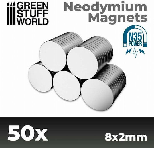 Green Stuff World N35 Neodymium Round Magnet with Traction Force 0.850kg N35 D2xL8xW8mm 50pcs