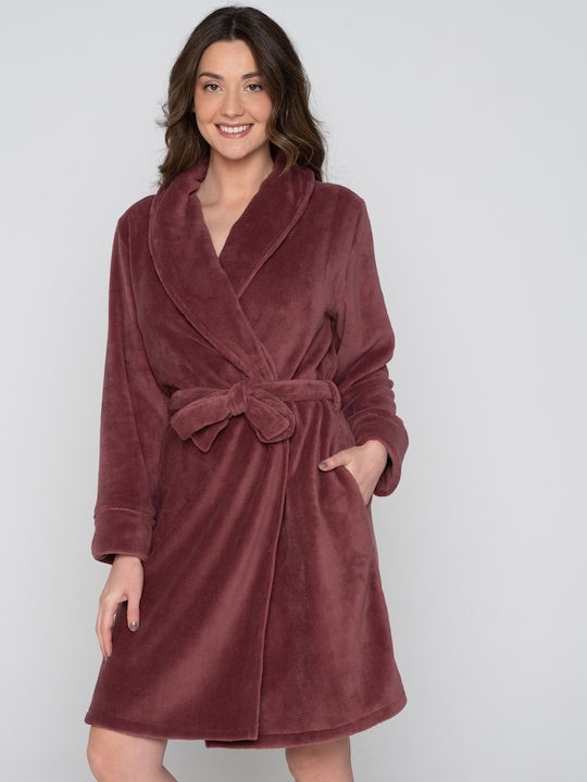 Jeannette Lingerie Χειμερινή Γυναικεία Fleece Ρόμπα Μπορντό