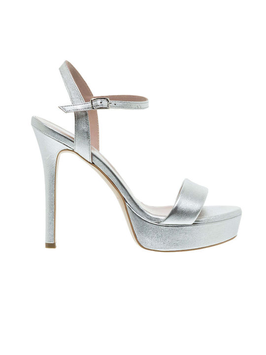 Mourtzi Platform Women's Sandals with Ankle Strap Silver with Thin High Heel