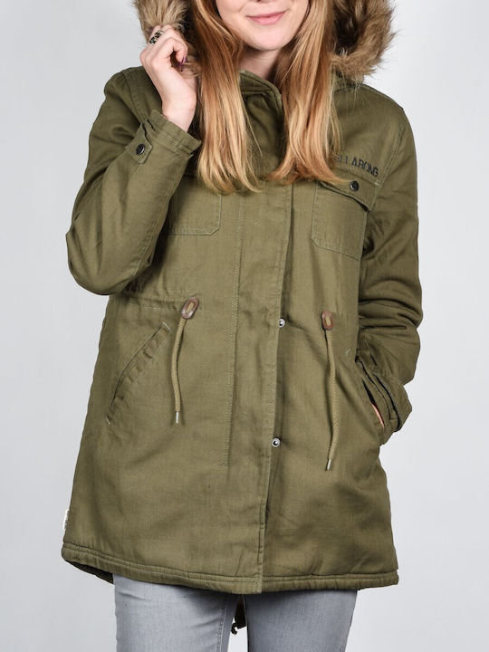 Billabong Effy Lang Damen Parka Jacke mit pelziger Kapuze für Winter Khaki