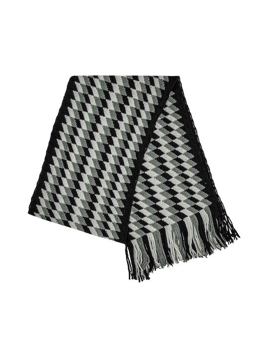 Men's knitted scarf with fringes tricolour Black Grey Olive pattern lozenge code 3167