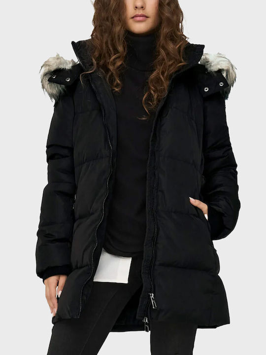 Only Kurz Damen Puffer Jacke mit pelziger Kapuze für Winter Schwarz