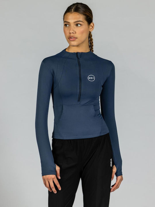 GSA Hydro Damen Sportlich Bluse Langärmelig mit Reißverschluss Marineblau