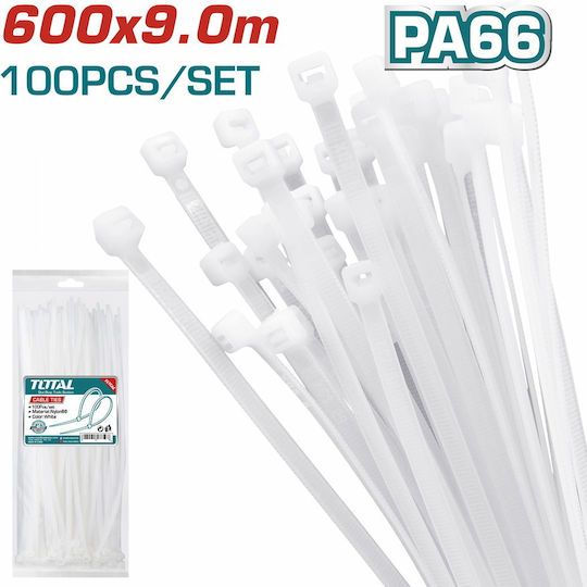 Total Pack of 100pcs White Plastic Cable Ties 600x9mm THTCT6001