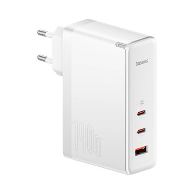 Baseus Încărcător Fără Cablu GaN cu Port USB-A și 2 Porturi USB-C 140W Albς (GaN5 Pro)