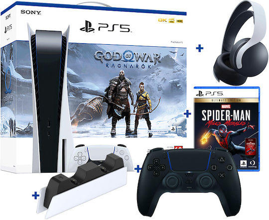 Sony PlayStation 5 825GB God of War Ragnarok (Gutschein) (Offizielles Paket) & DualSense-Controller Schwarz & Kabelloses Headset Pulse 3D & Ladestation & Marvel's Spider-Man Miles Morales