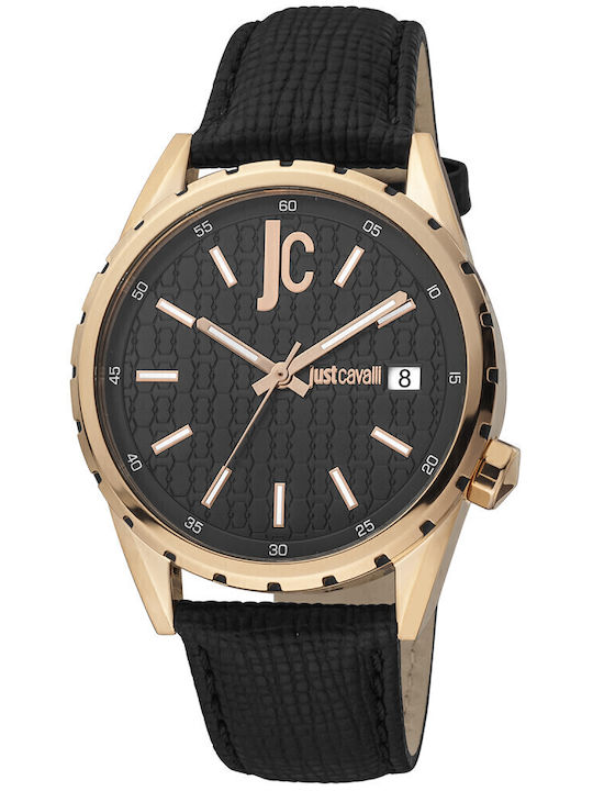 Just Cavalli Мъжки Часовник 42mm На Батерия с Черна Кожена Каишка