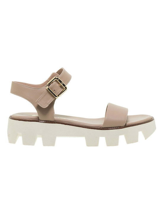 Mourtzi Leather Women's Flat Sandals With a strap In Beige Colour