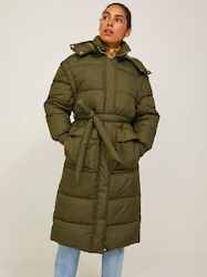 Jack & Jones Women's Long Puffer Jacket for Winter with Hood Green