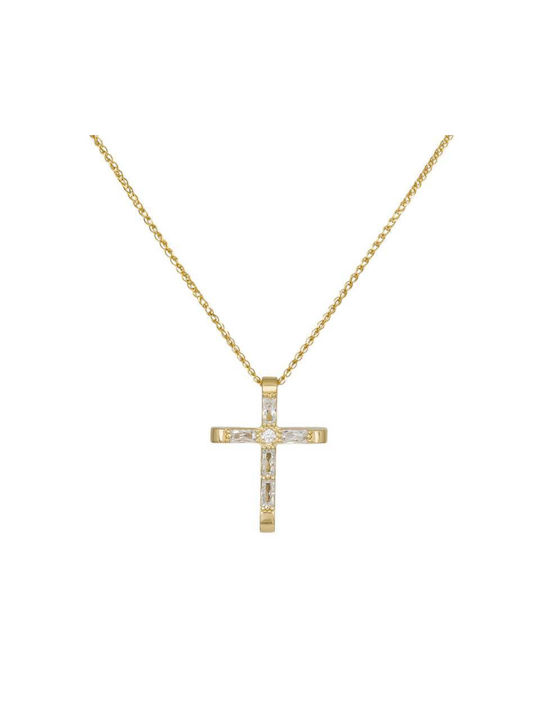 Cruci de botez cu lanț Cruce de aur de 14K Cruce de aur cu pietre cu două fețe cu lanț 044762C 044762C 044762C Aur pentru femei 14 carate