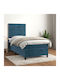 Ein Einzelbett Mit Samt Dunkelblau Mit Lattenrost Und Matratze 90x190cm