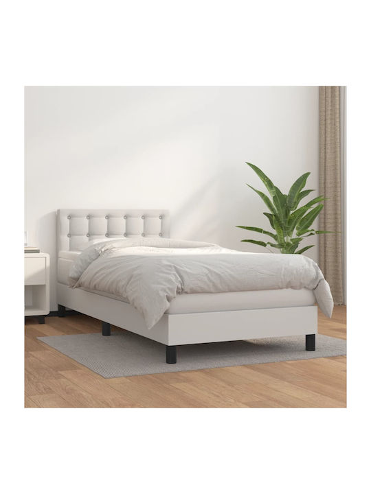 Κρεβάτι Μονό Επενδυμένο με Δερματίνη Λευκό με Στρώμα & Τάβλες για Στρώμα 90x200cm