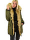 Lang Damen Parka Jacke mit pelziger Kapuze für Winter Khaki