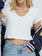 Tommy Hilfiger Γυναικείο Crop T-shirt με V Λαιμόκοψη Λευκό