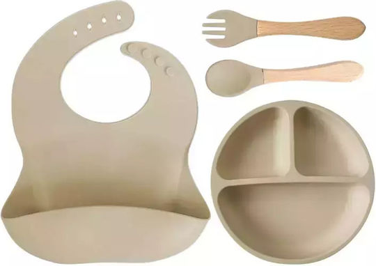 Beboulino Feeding Set made of Silicone with Non-Slip Base Beige 4pcs for 6+ months