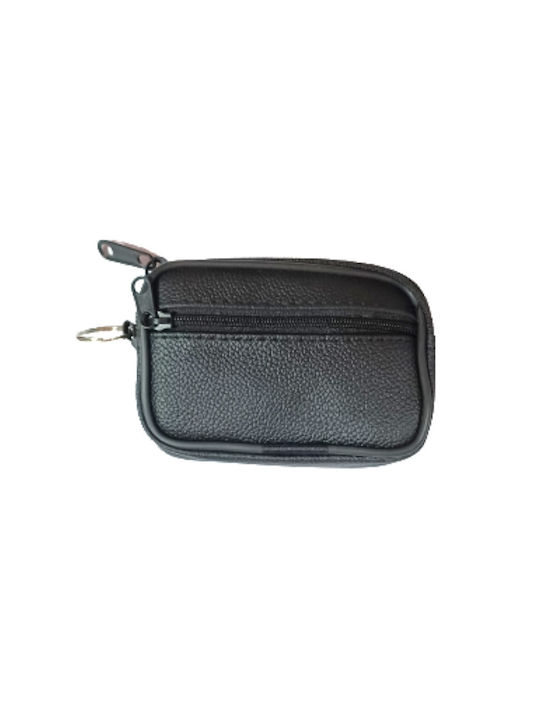 BLACK LEATHER WALLET WITH ZIPPER AND RING 9x6x2cm