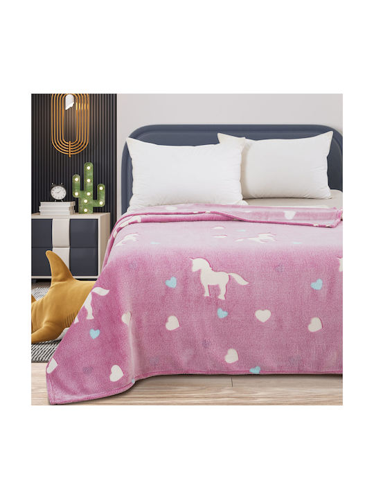 Κουβέρτα Fleece Unicorn Φωσφορίζουσα Ροζ 160x220εκ.