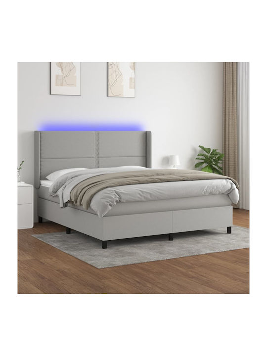 Κρεβάτι King Size Επενδυμένο με Ύφασμα Ανοιχτό Γκρι με Στρώμα & Τάβλες 180x200cm