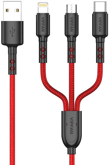 Vipfan X02 Braided USB to Lightning / Type-C / micro USB Cable 3.5A Κόκκινο 1.5m (X02LMT-red)