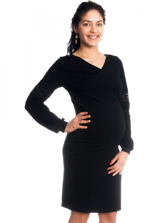 Φόρεμα εγκυμοσύνης και θηλασμού μαύρο με δαντέλα στα μανίκια KRYSTYNA