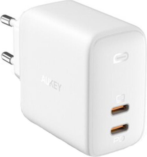 Aukey Φορτιστής Χωρίς Καλώδιο με 2 Θύρες USB-C 65W Power Delivery Λευκός (Omnia Duo)