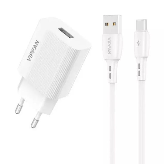 Vipfan Φορτιστής με Θύρα USB-A και Καλώδιο USB-C Λευκός (E01)