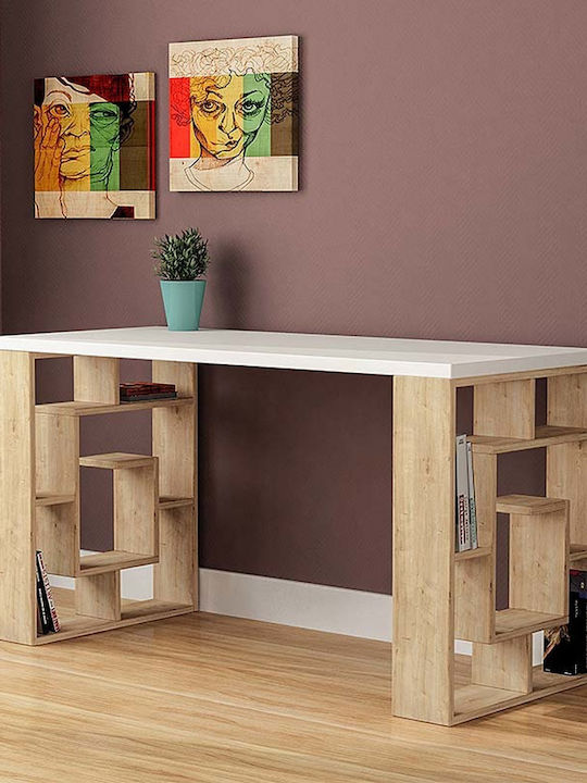 Birou Labirent Din Lemn Cu Birou Natural Din Fag / Alb 140x60x75 cm