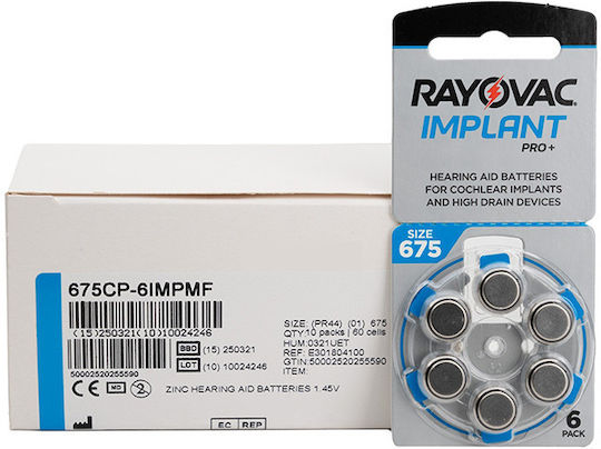 Rayovac Implant Pro+ Батерии За Слухови Апарати 675 1.45V 60бр