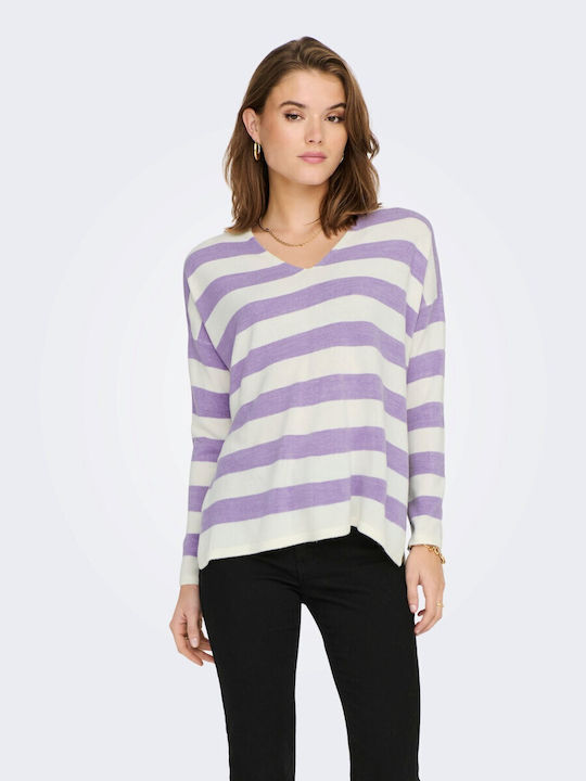 Only Women's Blouse Long Sleeve with V Neck Striped Purple Rose Stripes