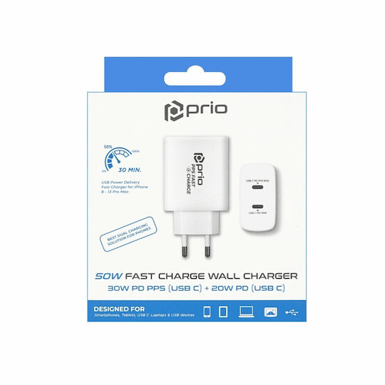 Prio Charger Without Cable with 2 USB-C Ports 30W Power Delivery Whites