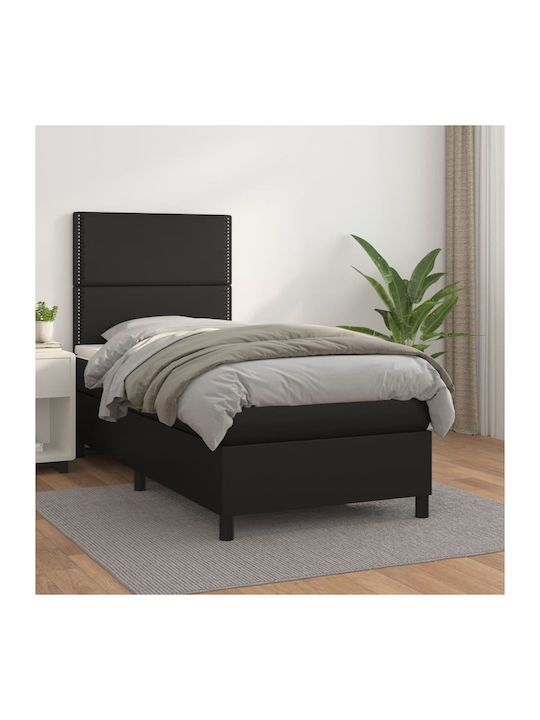 Κρεβάτι Μονό Επενδυμένο με Δερματίνη Μαύρο με Στρώμα & Τάβλες για Στρώμα 90x200cm