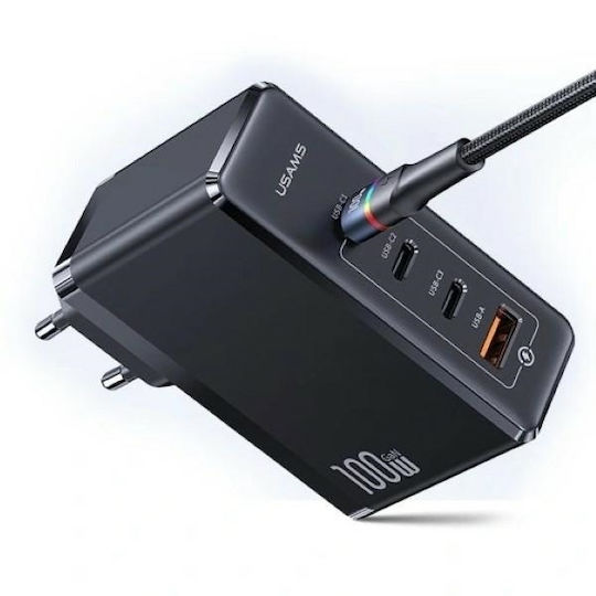 Usams Φορτιστής Χωρίς Καλώδιο GaN με Θύρα USB-A και 3 Θύρες USB-C 100W Power Delivery Μαύρος (CC163TC01)