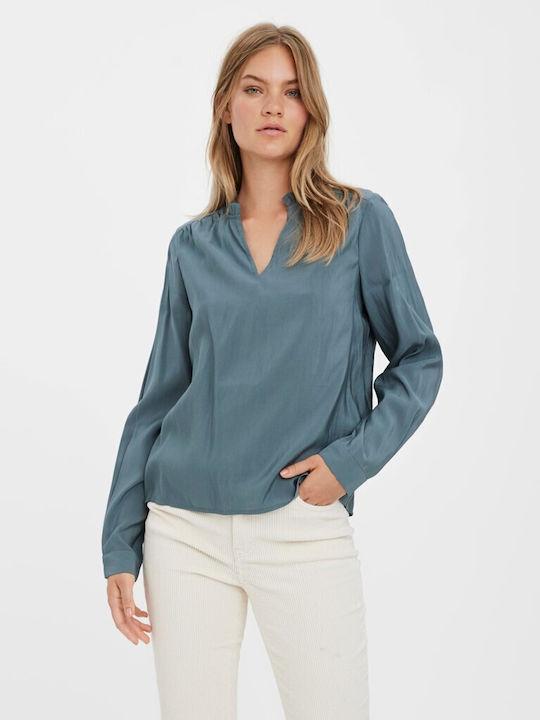 Vero Moda Damen Bluse Langärmelig mit V-Ausschnitt Blau