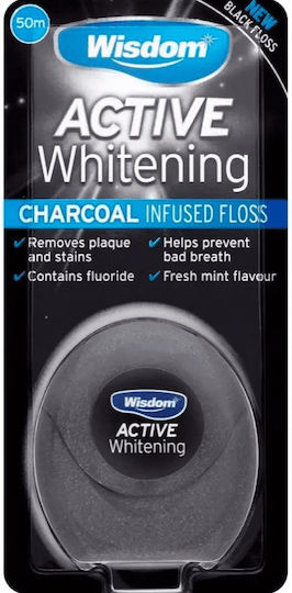 Wisdom Active Whitening Charcoal Οδοντικό Νήμα με Γεύση Μέντα 50m