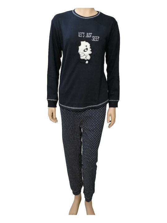 DAMEN BAUMWOLLPYJAMA LANGARM W22 FAWN 8009 - DUNKELBLAU