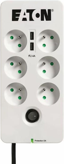 Eaton Steckdosenleiste mit Überspannungsschutz 6 Positionen mit 2 USB-A, Schalter und Kabel 1.5m