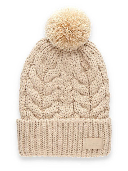 Pom Pom Beanie Γυναικείος Σκούφος με Πλεξούδες σε Μπεζ χρώμα