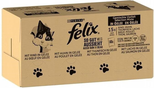 Felix Wet Food for Adult Cats in Pouches with Chicken Calf and Salmon Gluten Free 120x85gr