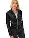 Potre Women's Short Biker Artificial Leather Jacket for Winter Black