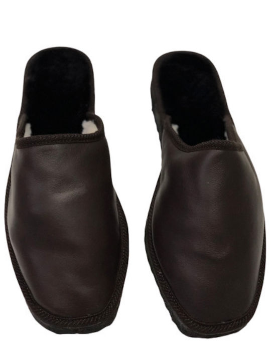 Leatherland Men's Slippers with Fur Brown