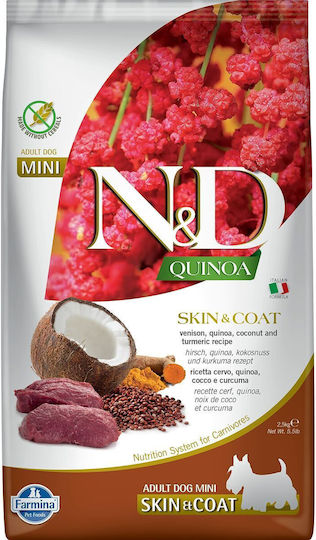 Farmina N&D Quinoa Skin & Coat Adult Mini 2.5кг Суха Храна без Зърнени храни и Глутен за Възрастни Кучета от Малки Породи с Елен