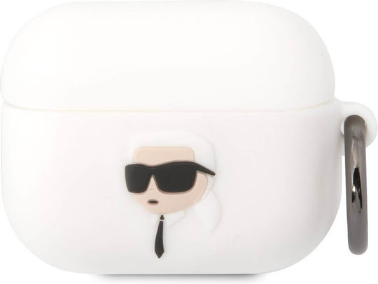 Karl Lagerfeld Karl Head 3D Hülle Silikon mit Haken in Weiß Farbe für Apple AirPods Pro