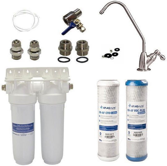 Atlas Filtri DP Duo Water Filtration System Double Under Sink Micron 1/4'' with Replacement Filter Atlas Filtri CTO 5μm, Atlas Filtri VOCPLUS 0,5μm 802164709964821