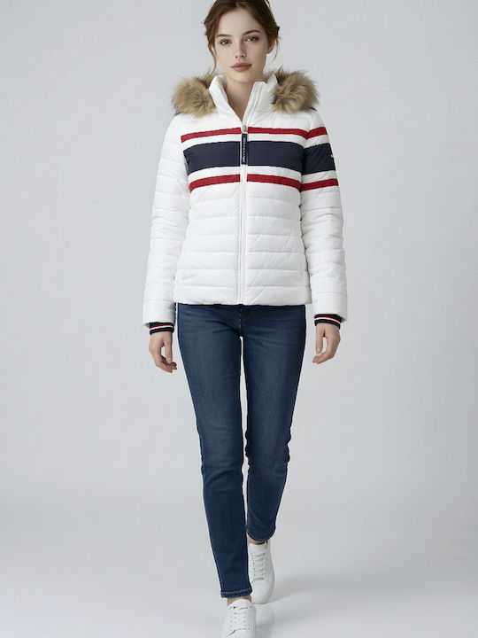 Women's Short Puffer Jacket for Winter with Hood White