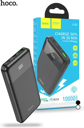 Hoco J102 Външна Батерия 10000mAh 20W с USB-A Изходен Порт и USB-C Изходен Порт Power Delivery / Бързо Зареждане Черна