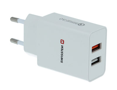 Swissten Charger Without Cable with 2 USB-A Ports 23W Quick Charge 3.0 Whites (22060100)